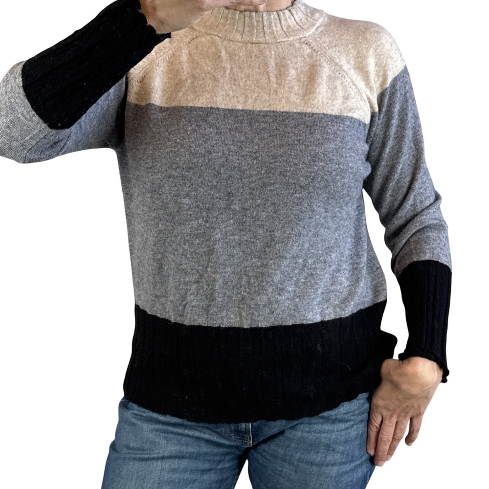 Griffin Crewneck Colorblock Stripe Sweater Size XL Tan Gray Black Cashmere‎ Wool